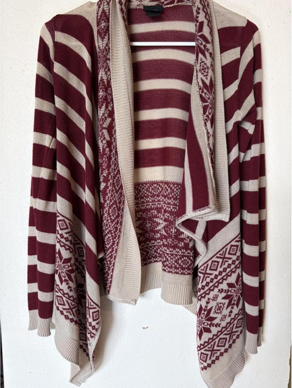 Rue21 Fair Isle Snowflake Waterfall Cardigan Sweater Burgundy Beige M